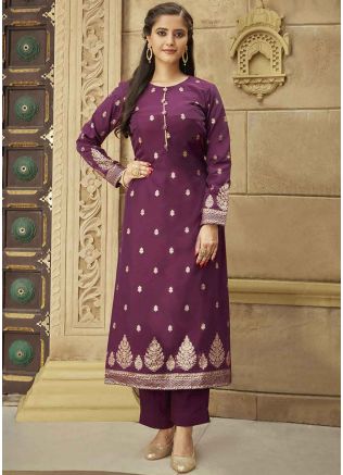 Purple Kurta & Pant In Woven Work