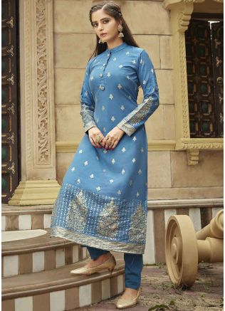 Blue Woven Kurta & Pant In Jacquard