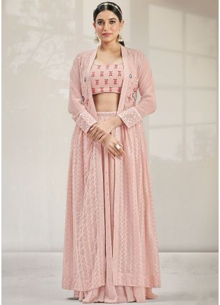 Pink Embroidered Georgette Skirt Set & Jacket