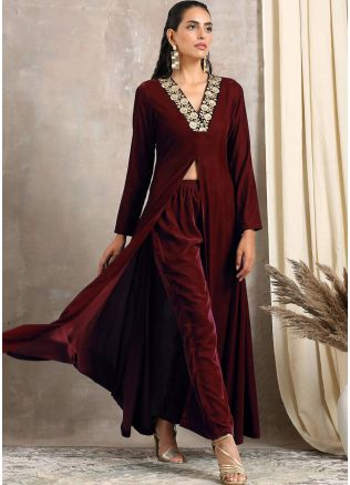 Maroon Embroidered Indo Western Tunics Online & Pant In Velvet