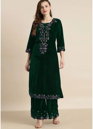 Green Embroidered Kurta Set In Velvet