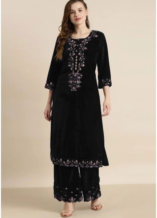 Black Embroidered Velvet Kurta & Palazzo