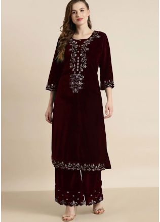 Maroon Embroidered Kurta & Palazzo In Velvet