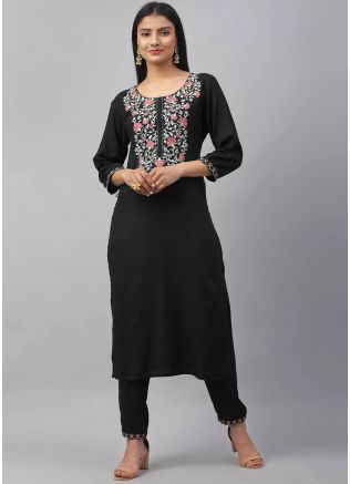 Black Thread Embroidered Kurta Set In Reyon