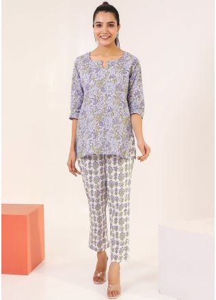 Purple Floral Printed Cotton Kurta Set