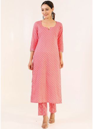 Pink Printed Cotton Kurta And Pant