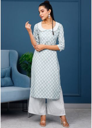 Blue Cotton Printed Pant Kurta 