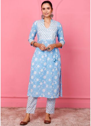 Blue Cotton Straight Cut Pant & Kurta