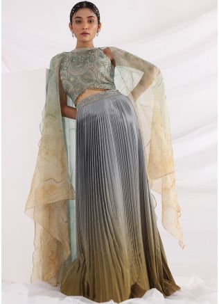 Readymade Grey Embroidered Cape Style Skirt Set