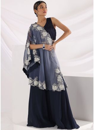 Navy Blue Embroidered One Shoulder Cape Pant Set