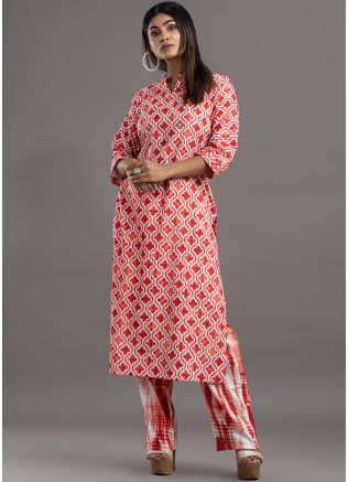 Pink Cotton Printed Kurta Set