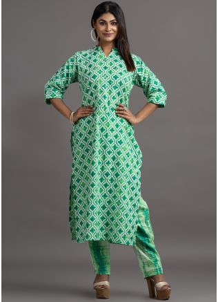 Green Cotton Kurta Set In Printed