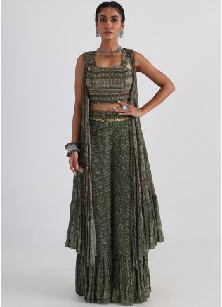 Green Printed Crop Top & Palazzo In Viscose