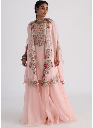 Pink Embroidered Kurta Set In Art Silk