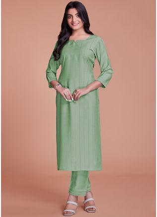 Readymade Green Woven Kurta Set