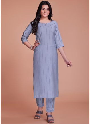 Grey Woven Kurta Set In Viscose