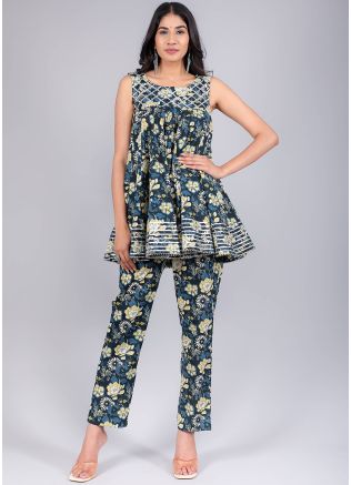 Black Readymade Floral Printed Kurta Set