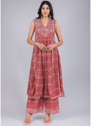 Red Readymade Printed Kurta Set