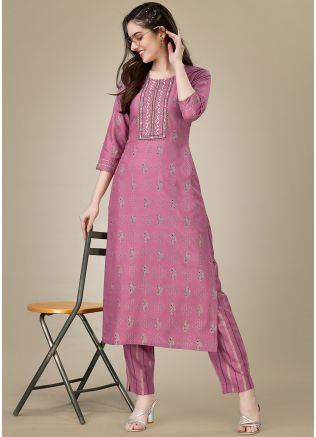 Readymade Pink Printed Rayon Kurta Set