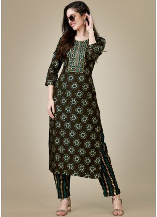 Brown Printed Kurta & Pant In Rayon