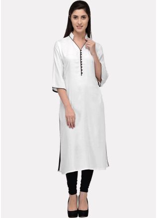 White Plain Kurta Set In Rayon