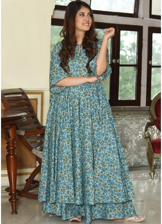 Readymade Blue Palazzo Set In Digital Floral Print