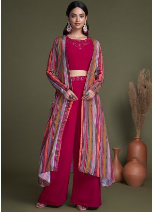 Pink Embroidered Jacket Style Palazzo Set