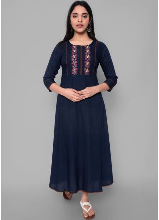 Navy Blue Embroidered Rayon Kurta Set