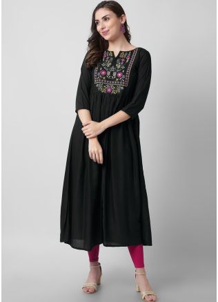 Black Rayon Embroidered Kurta Set