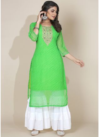 Green Leheria Embroidered Kurta Set