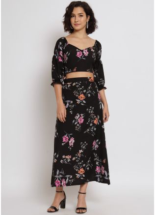 Black Printed Skirt Set In Crape