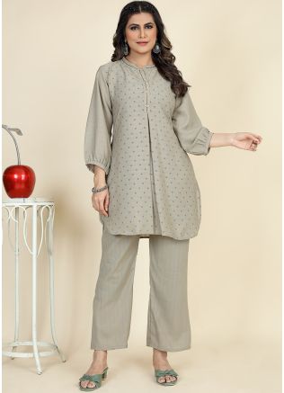 Grey Readymade Co-Ord Set In Jute