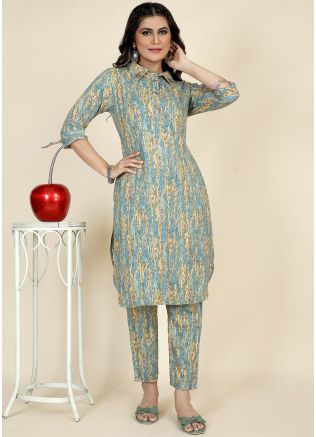 Blue Readymade Viscose Co-ord Set In Print