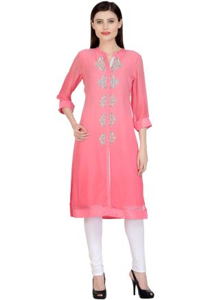 Pink Slit Style Kurta Set In Georgette