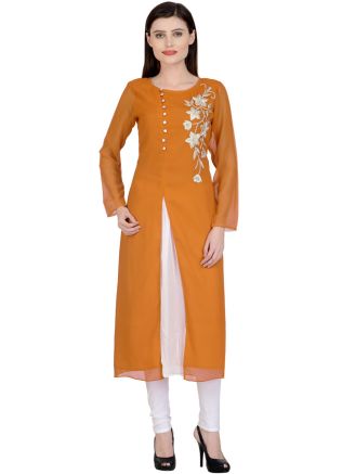 Yellow Slit Style Kurta & Churidaar In Georgette