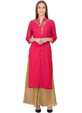 Pink Embroidered Kurta & Palazzo In Georgette