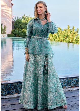 Teal Blue Readymade Georgette Digital Print Skirt & Shirt