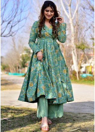 Green Readymade Digital Printed Anarkali Kurta In Cotton