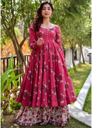 Pink Readymade Cotton Anarkali Kurta In Digital Print