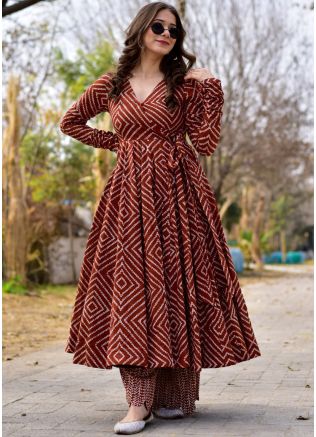 Maroon Readymade Digital Printed Cotton Anarkali Kurta