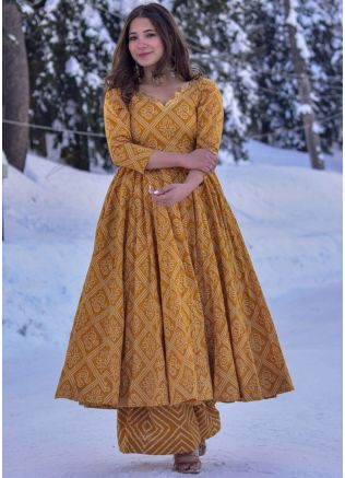 Yellow Readymade Digital Printed Anarkali Kurta In Cotton