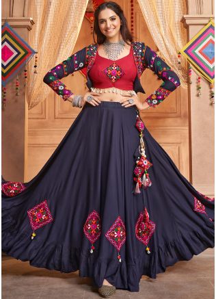 Blue Embroidered Navratri Skirt Set & Jacket