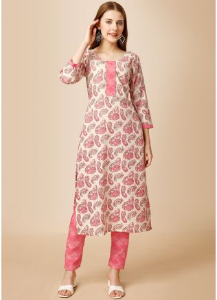 Cream Digital Printed Kurta Set In Cotton