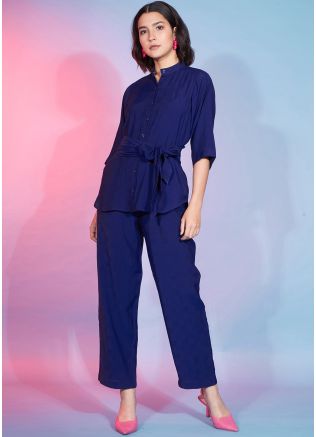 Blue Readymade Plain Co-Ord Set In Viscose