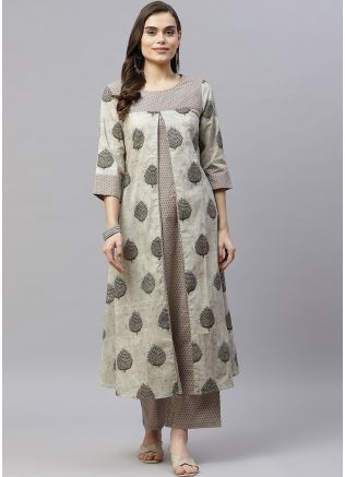 Readymade Grey Printed Kurta Set