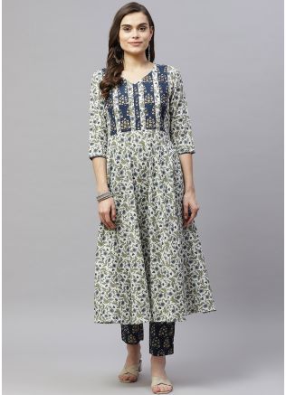 Readymade White Floral Printed Kurta Set