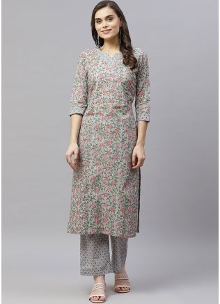 Readymade Grey Kurta Set In Floral Print