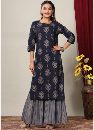 Navy Blue Floral Printed Kurta & Sharara