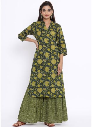 Green Floral Print Kurta & Sharara Set