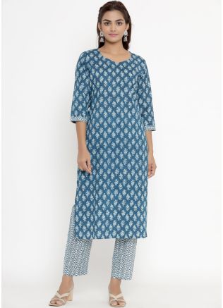 Readymade Blue Printed Kurta & Pant Set